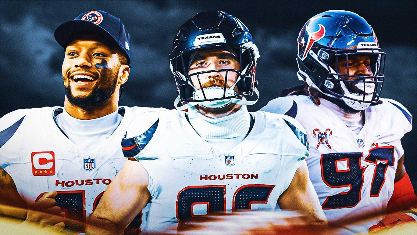 Joe Mixon, Dalton Schultz, Mario Edwards Jr all beside each other, Dark clouds in the background