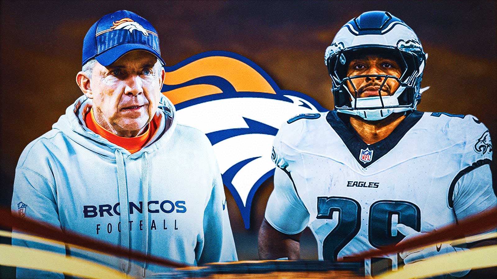 Broncos HC Sean Payton and Eagles RB AJ Dillon. Denver Broncos logo behind them.