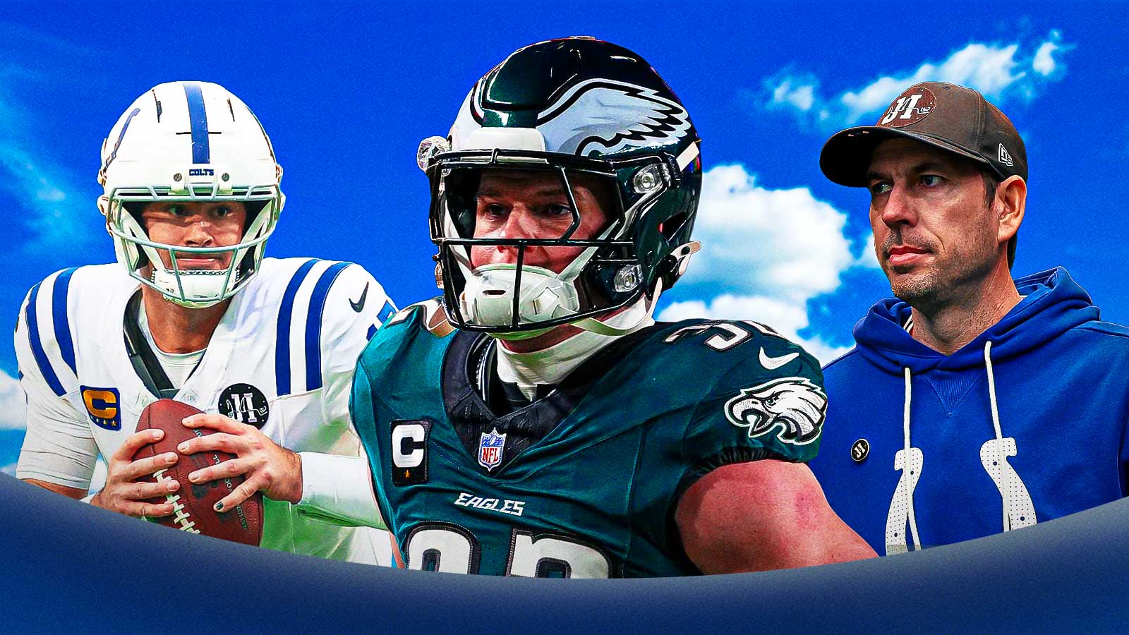 Reed Blankenship in the middle, Daniel Jones and coach Shane Steichen around him, Blue skies in the background