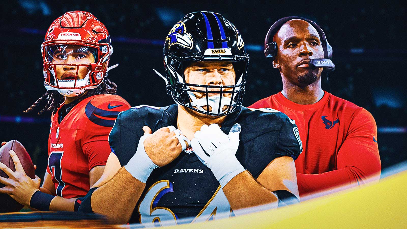 Tyler Linderbaum in the middle, CJ Stroud and coach DeMeco Ryans around him, Blue skies in the background