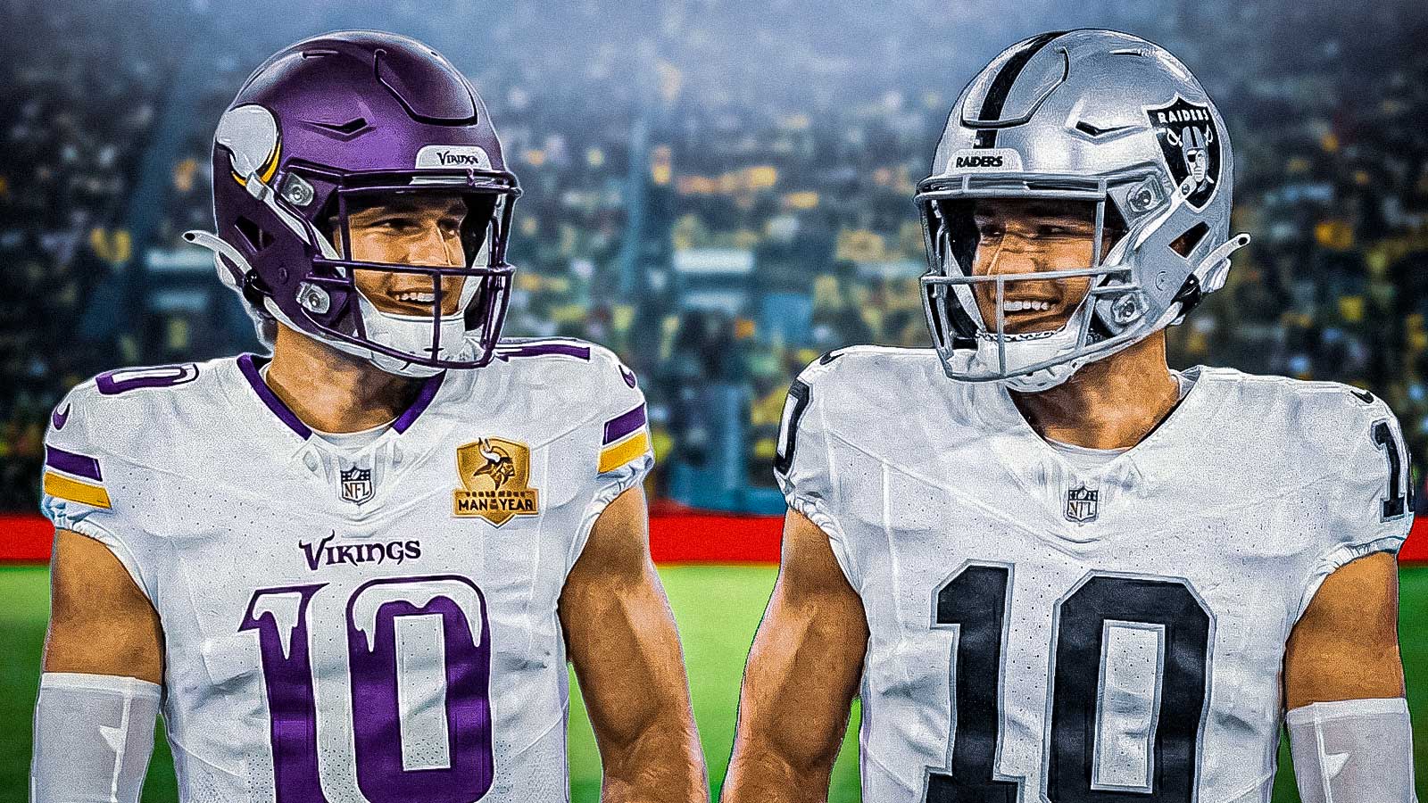 Justin Herbert photoshopped in Raiders jersey, Justin Herbert photoshopped in Vikings jersey. Include his jersey number.