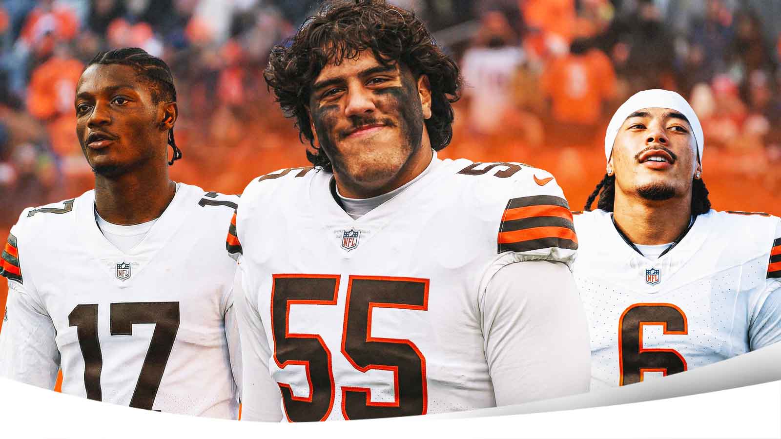 Carnell Tate, Spencer Fano, Makai Lemon all beside each other in Cleveland Browns uniforms, NFL Draft wallpaper in the background