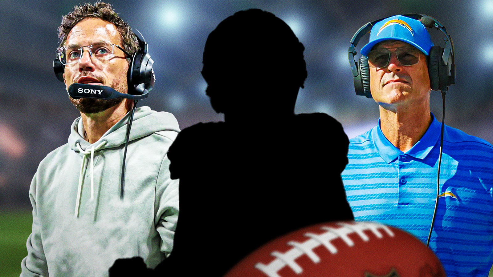 Chargers' Jim Harbaugh on one side, Mike McDaniel on the other (not in Dolphins clothing) and a silhouette of Denzel Boston in the middle with an NFL draft background