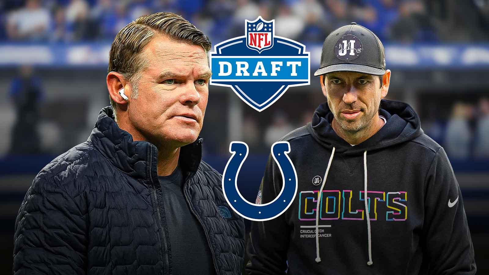 Colts GM Chris Ballard and Colts HC Shane Steichen. Indianapolis Colts logo and 2026 NFL Draft logo in background.