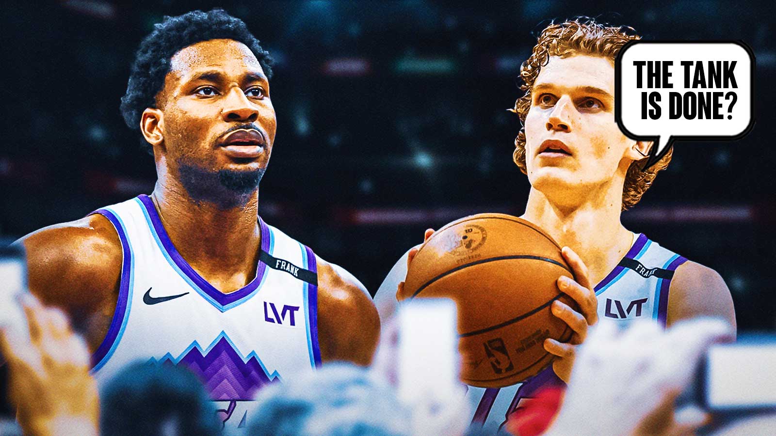 Jaren Jackson Jr. in Jazz uniform, with Lauri Markkanen beside him, speech bubble on Markkanen: THE TANK IS DONE?