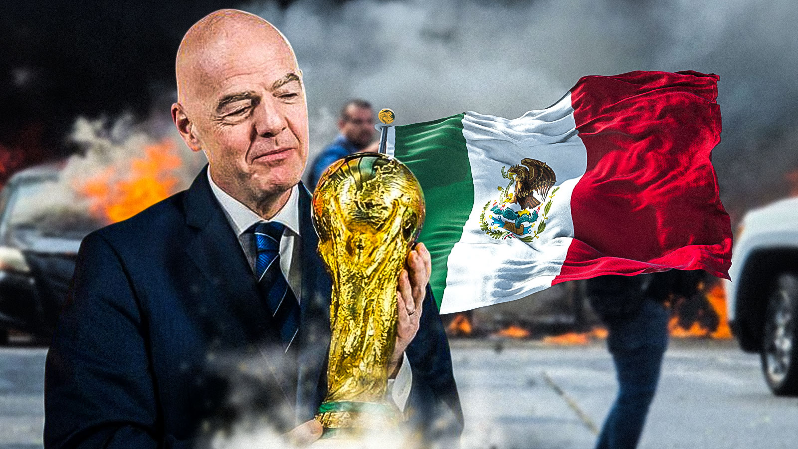 FIFA President Gianni Infantino with the World Cup, Background - Mexico cartel violence and Mexican flag
