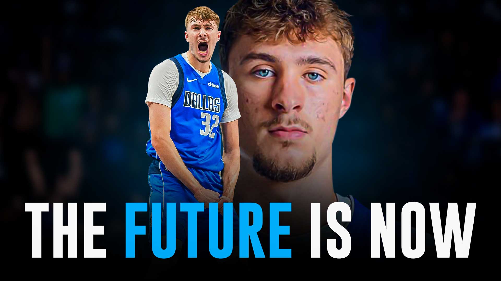 Mavericks' Cooper Flagg looking hyped up, with caption below: THE FUTURE IS NOW