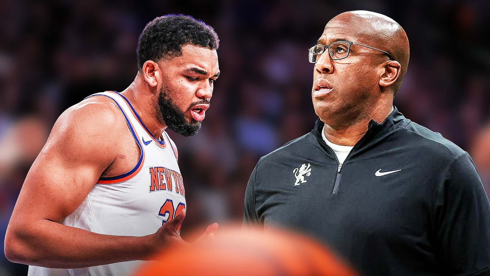 Karl-Anthony Towns Knicks complaining and Mike Brown Knicks looking annoyed or exasperated