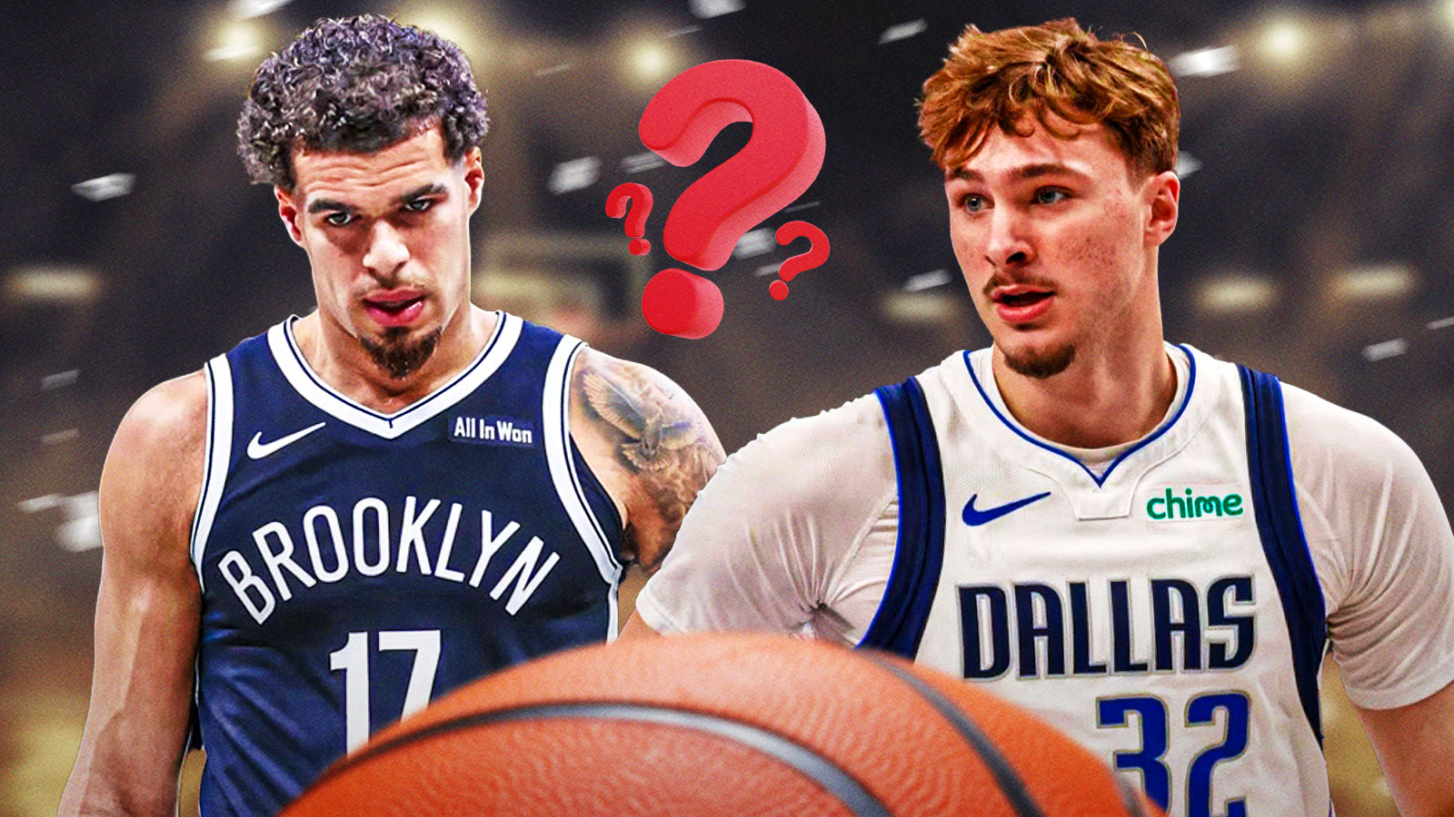 Michael Porter Jr. and Cooper Flagg with question marks around and snow falling behind them