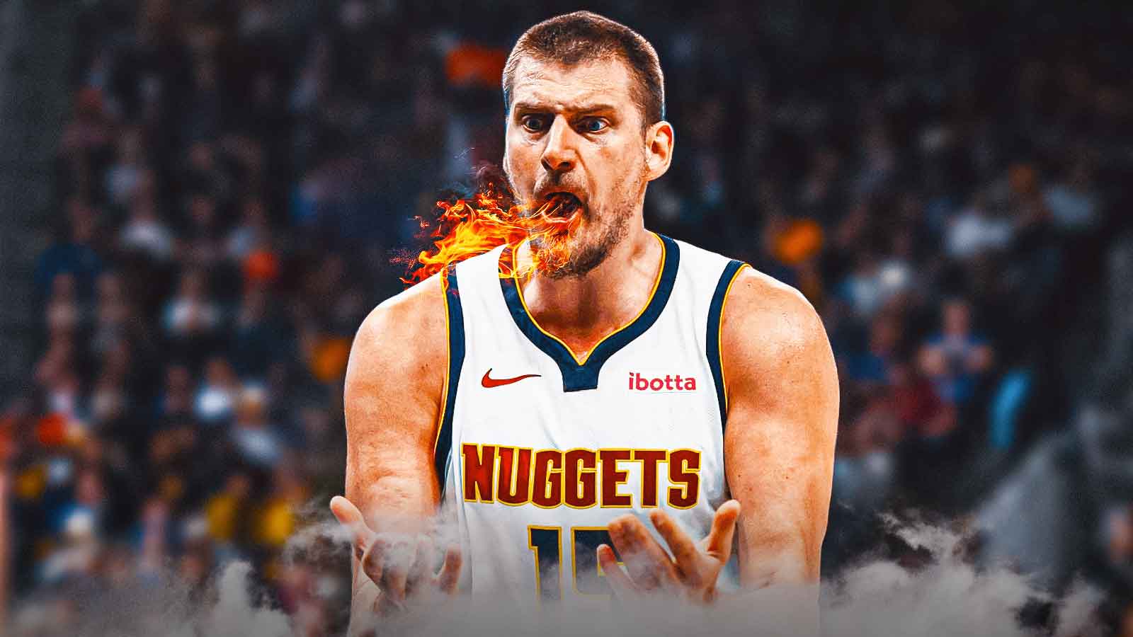 Nikola Jokic looking extremely angry and yelling with fire coming out of his mouth Denver Nuggets
