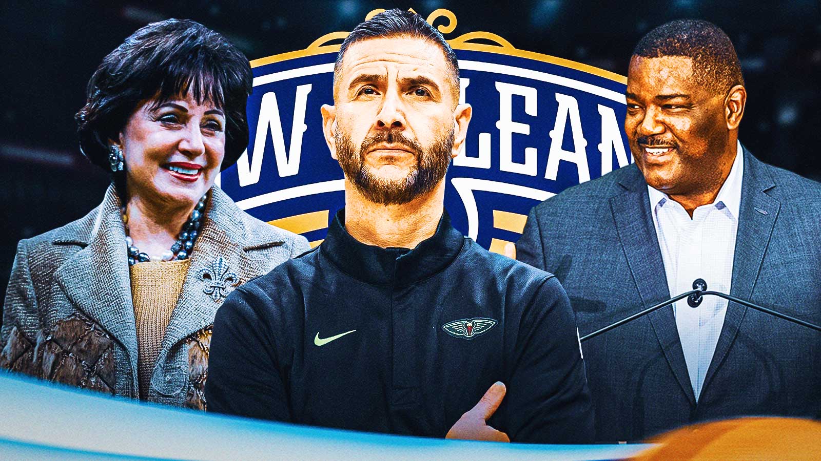 Joe Dumars, Gayle Benson looking at James Borrego, Pelicans logo