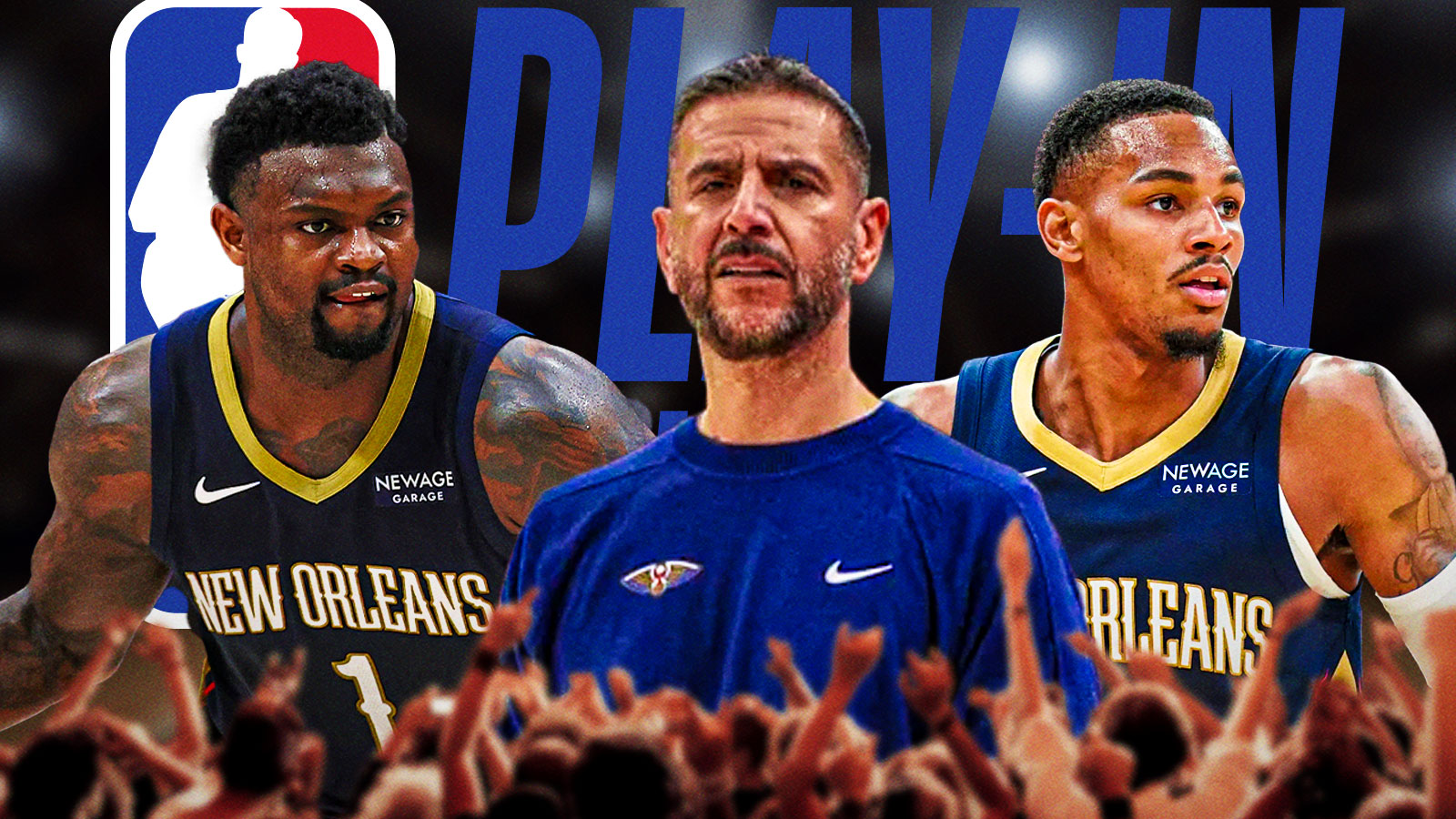 Pelicans coach James Borrego, Dejounte Murray, Zion Williamson, NBA Play-In Tournament logo