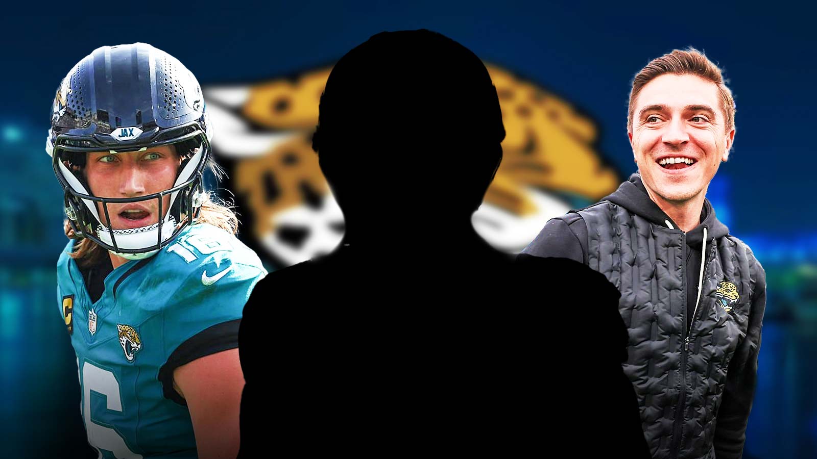 Mystery player in the middle, GM James Gladstone and Trevor Lawrence around him, Jacksonville Jaguars wallpaper in the background