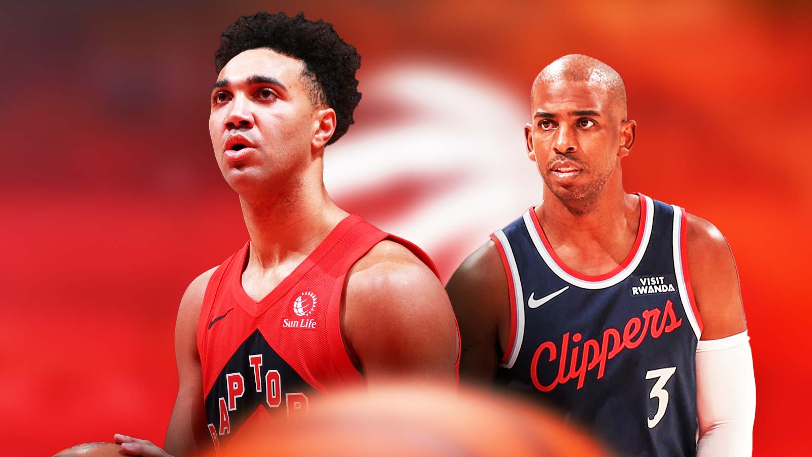 Chris Paul, Trayce Jackson-Davis beside each other, Toronto Raptors wallpaper in the background