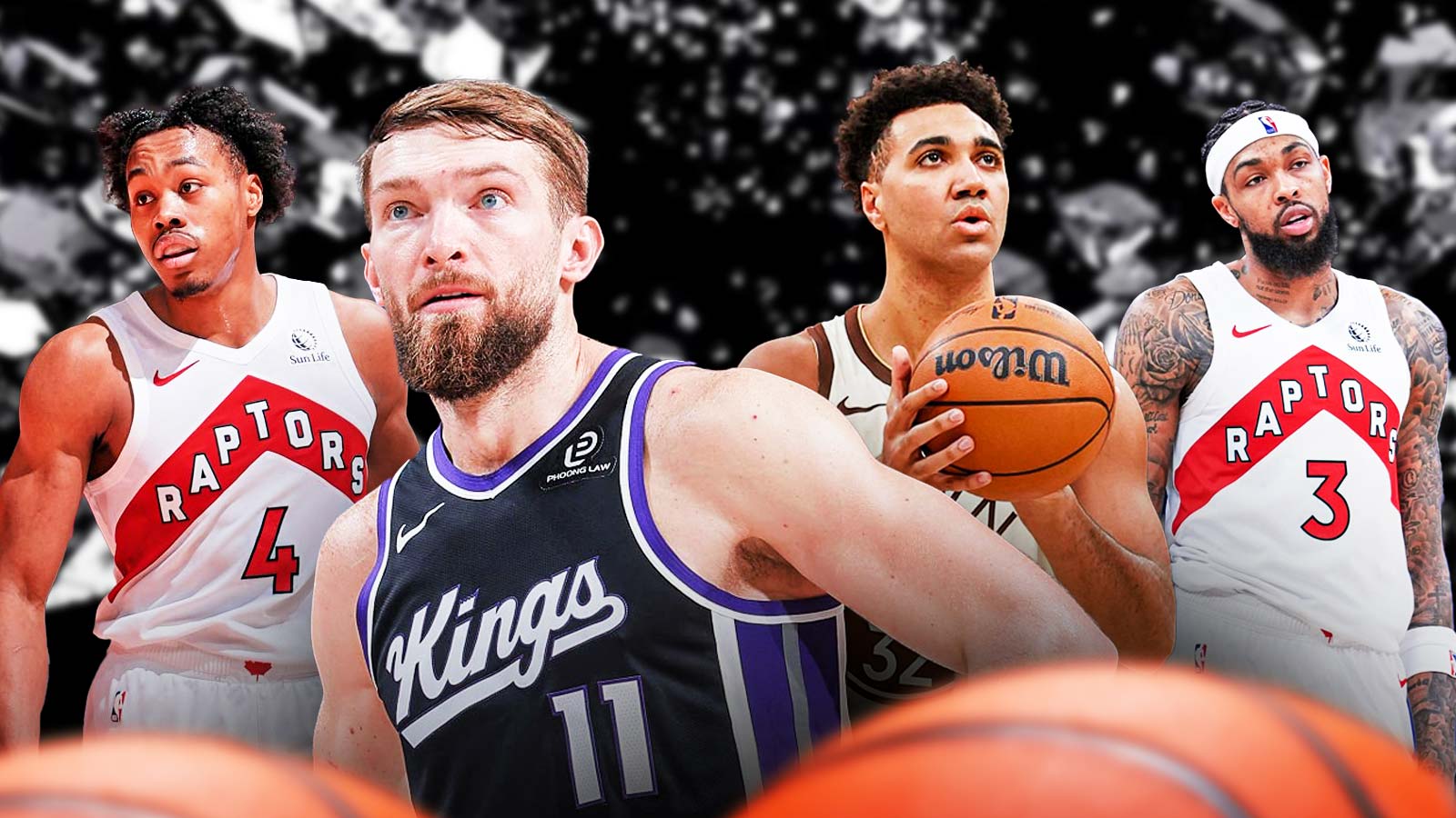 Domantas Sabonis, Trayce Jackson-Davis beside each other, Scottie Barnes and Brandon Ingram around them, Broken glass in the background