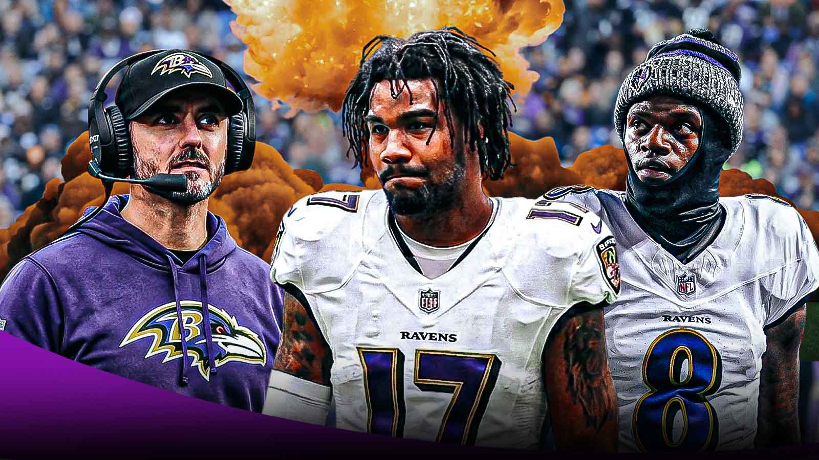 Jaylen Waddle in the middle, Lamar Jackson and coach Jesse Minter around him, Explosions in the background