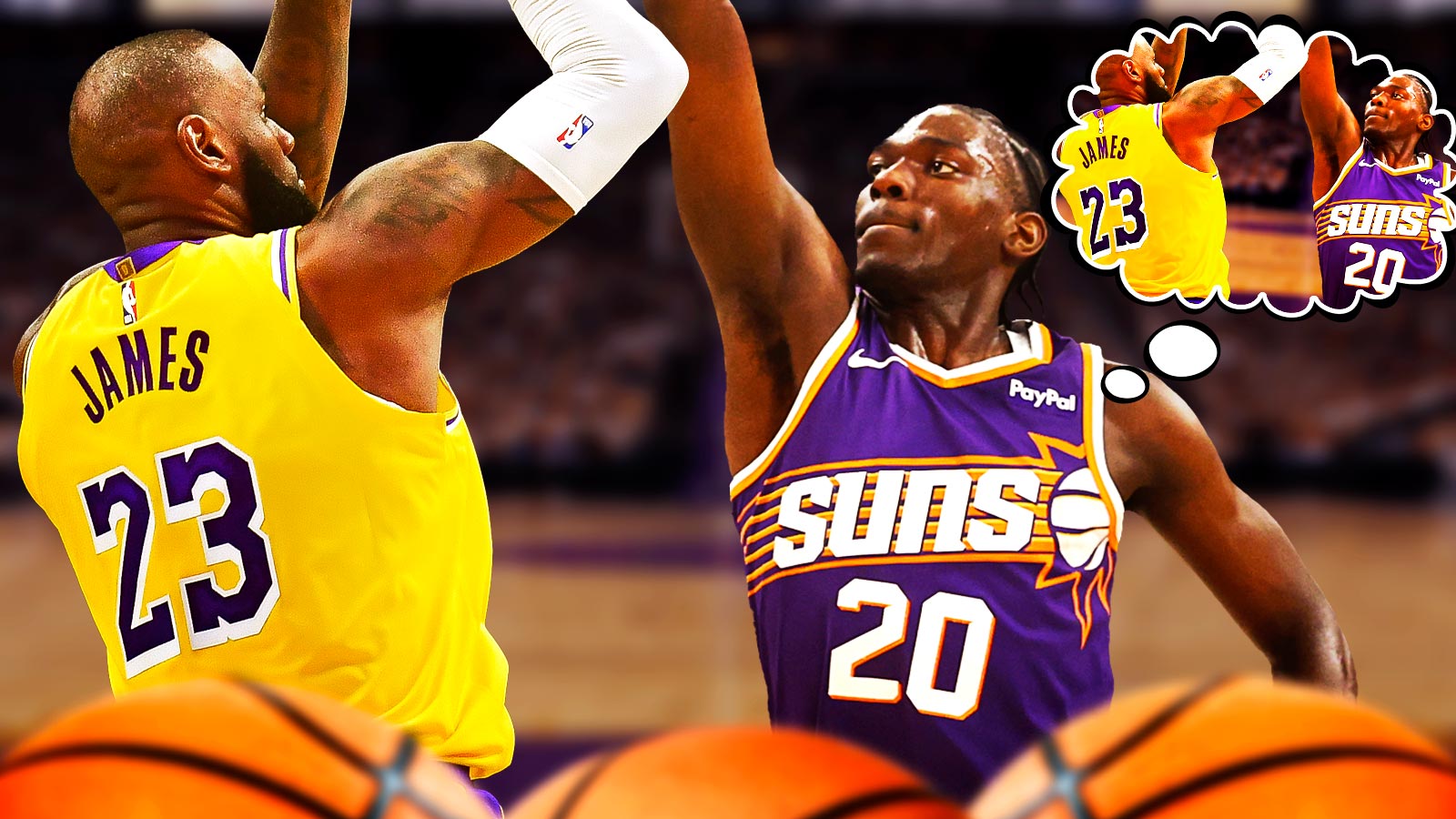 Phoenix Suns rookie Rasheer Fleming in a defensive stance, guard LeBron James in a Los Angeles Lakers jersey, with a thought bubble of the same exact photo.