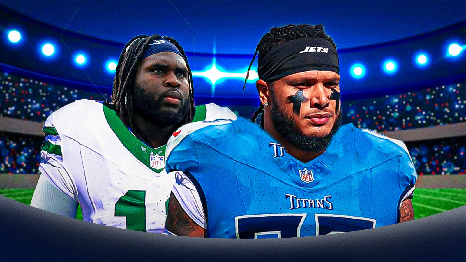 T'Vondre Sweat in #93 Jets jersey and Jermaine Johnson in #11 Titans jersey. New York Jets and Tennessee Titans logos behind them