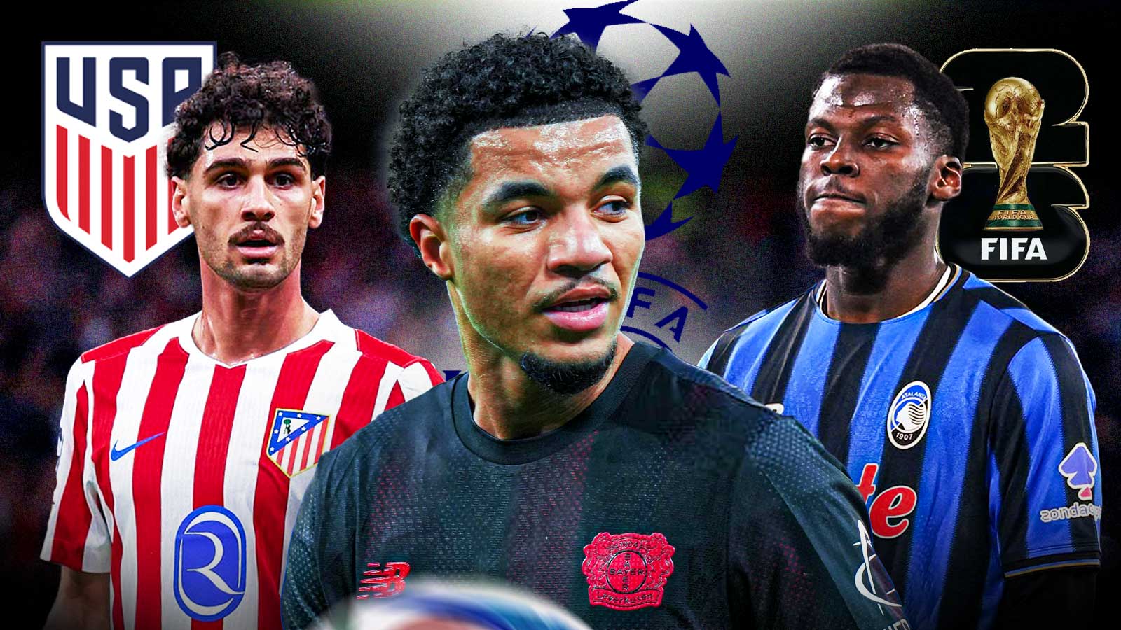 Johnny Cardoso (Atletico Madrid), Malik Tillman (Leverkusen), Yunas Musah (Atalanta), USMNT logo, Champions League logo, 2026 FIFA World Cup logo