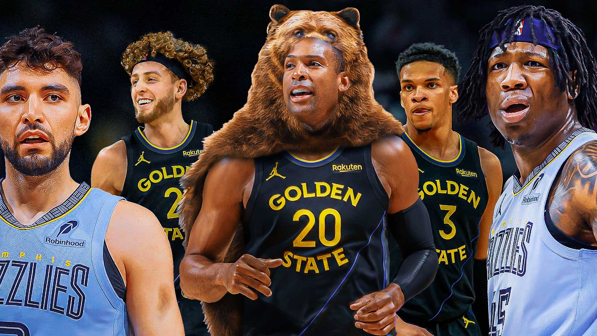 Warriors Brandin Podziemski, Will Richard, and Al Horford wearing bear pelts as the Grizzlies GG Jackson and Ty Jerome look scared