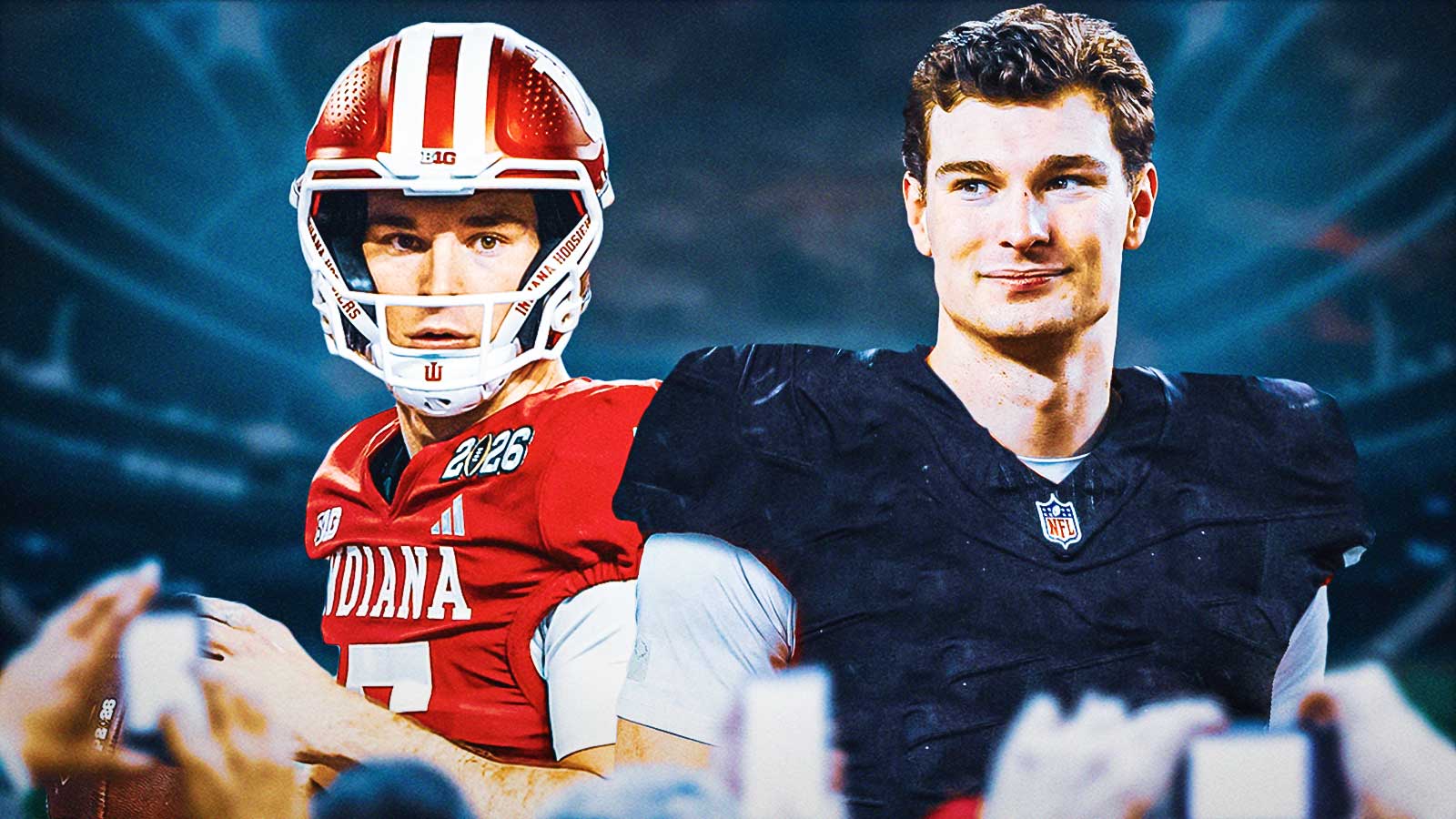 Picture of Fernando Mendoza with Raiders uniform, #15 on in the middle. On both sides of Mendoza, images of him from when he was playing at Indiana