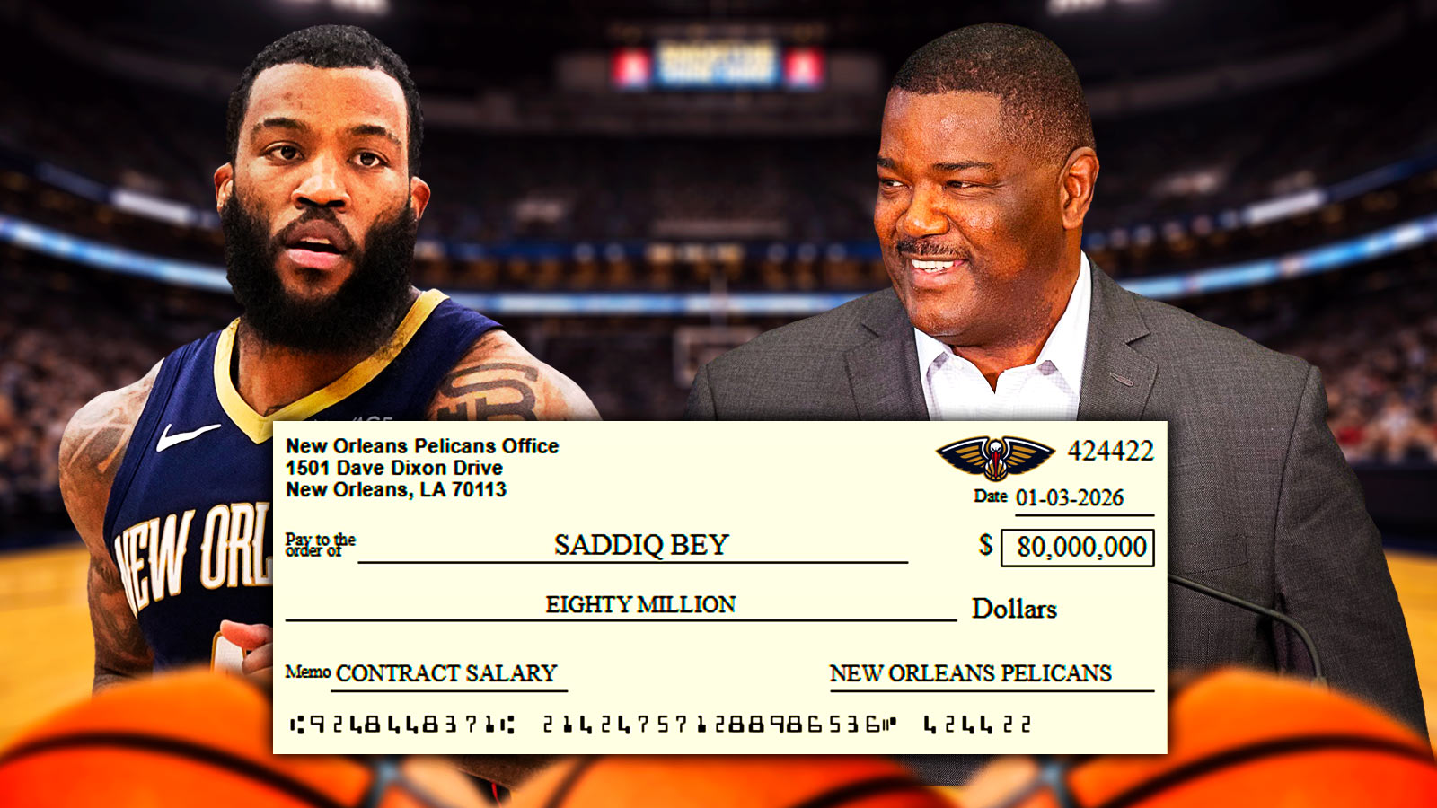 Saddiq Bey, Joe Dumars, an $80 Million check with a Pelicans logo