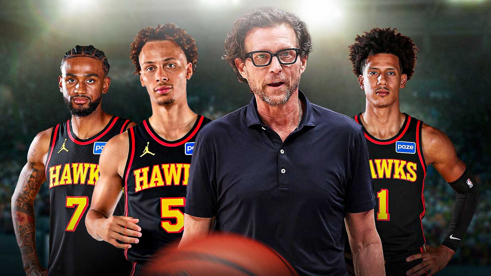 Quin Snyder (center), Dyson Daniels, Nickeil Alexander-Walker, Jalen Johnson