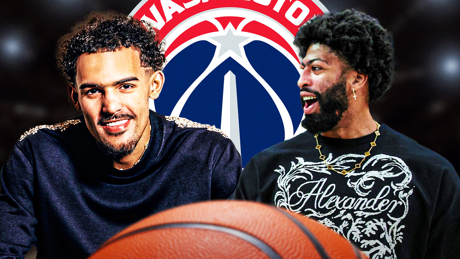 Anthony Davis and Trae Young smile in street clothes next to Wizards logo