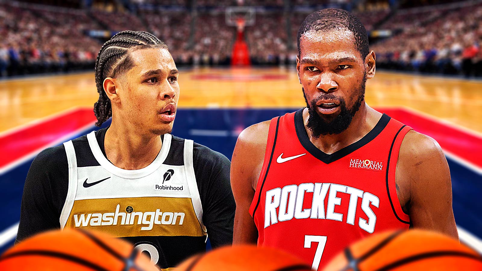 Kevin Durant flexes muscles next to Kyshawn George