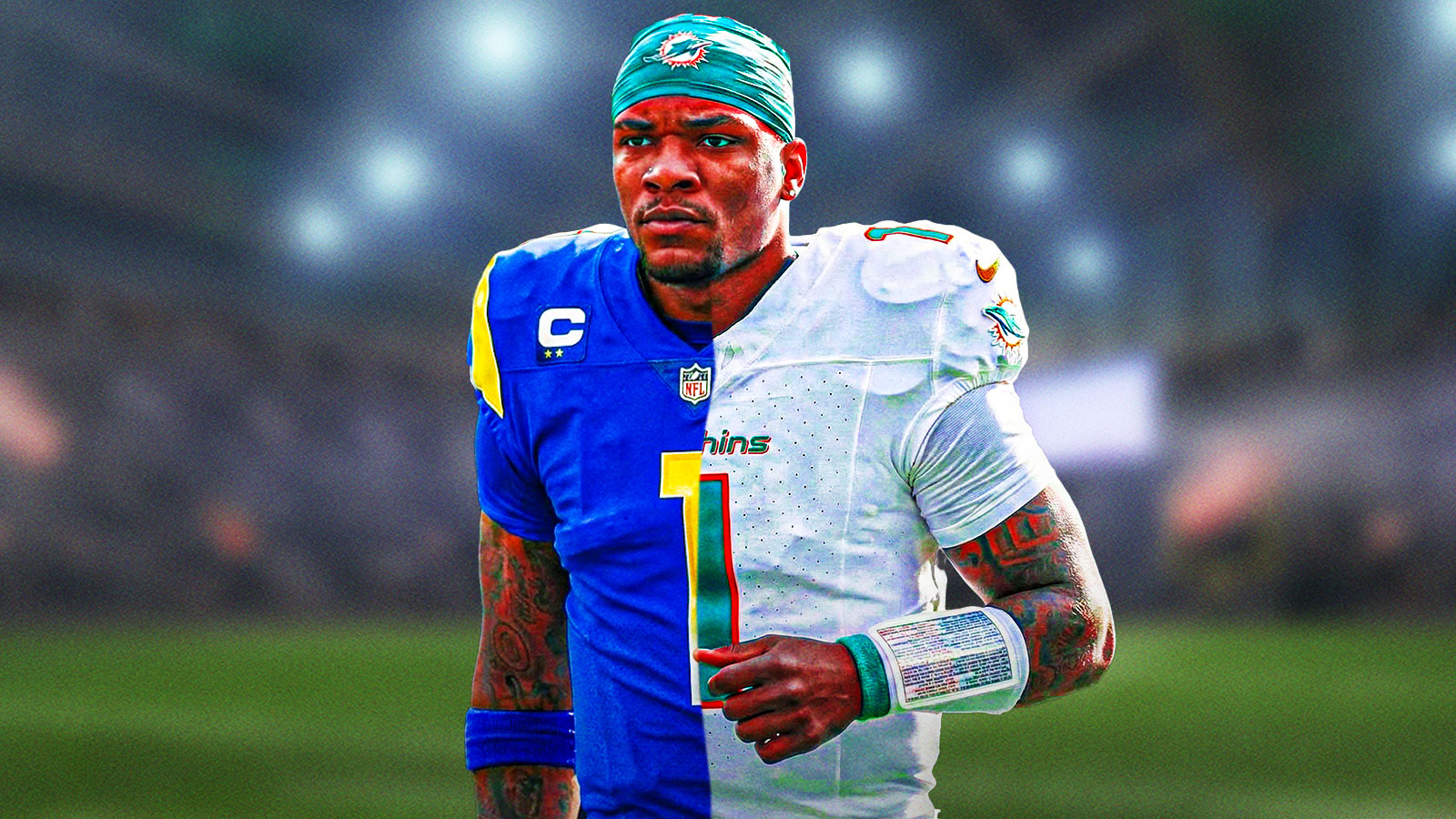 Anthony Richardson with half a Dolphins jersey and half a Rams jersey.