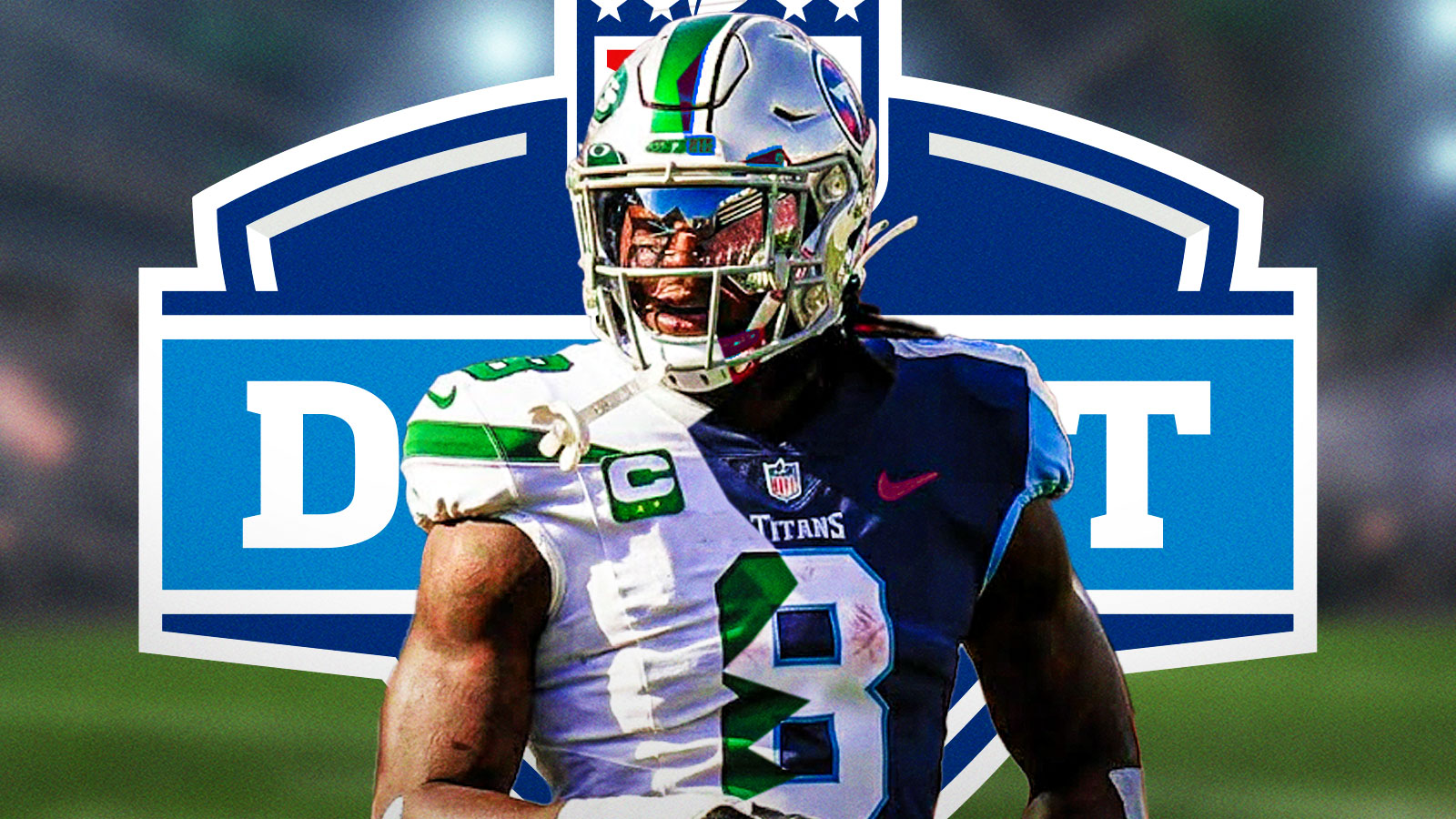 Arvell Reese in a half a Jets jersey and half a Titans jersey with an nfl draft background