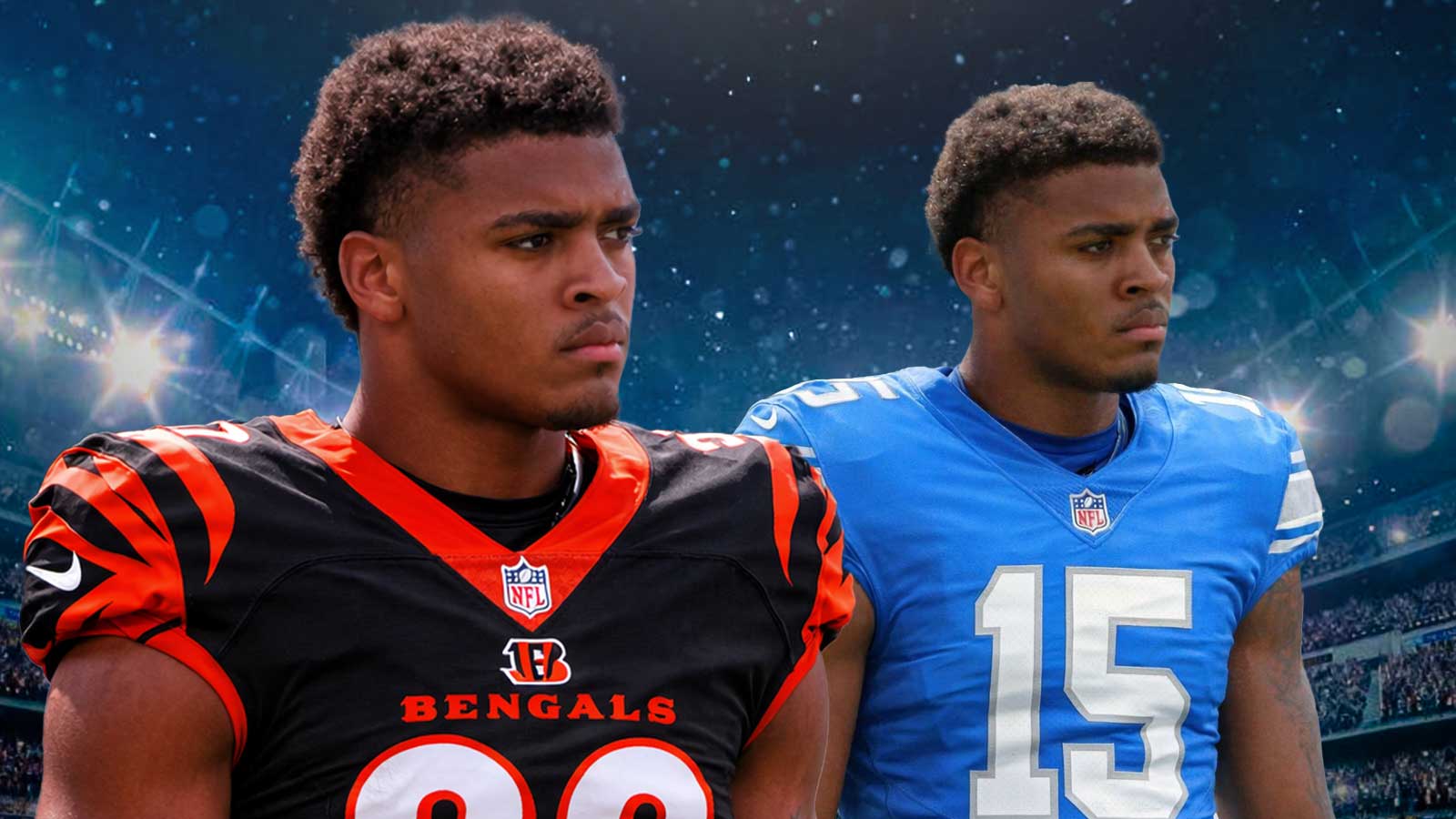 Keldric Faulk in a Bengals jersey and a Lions jersey with an nfl draft background