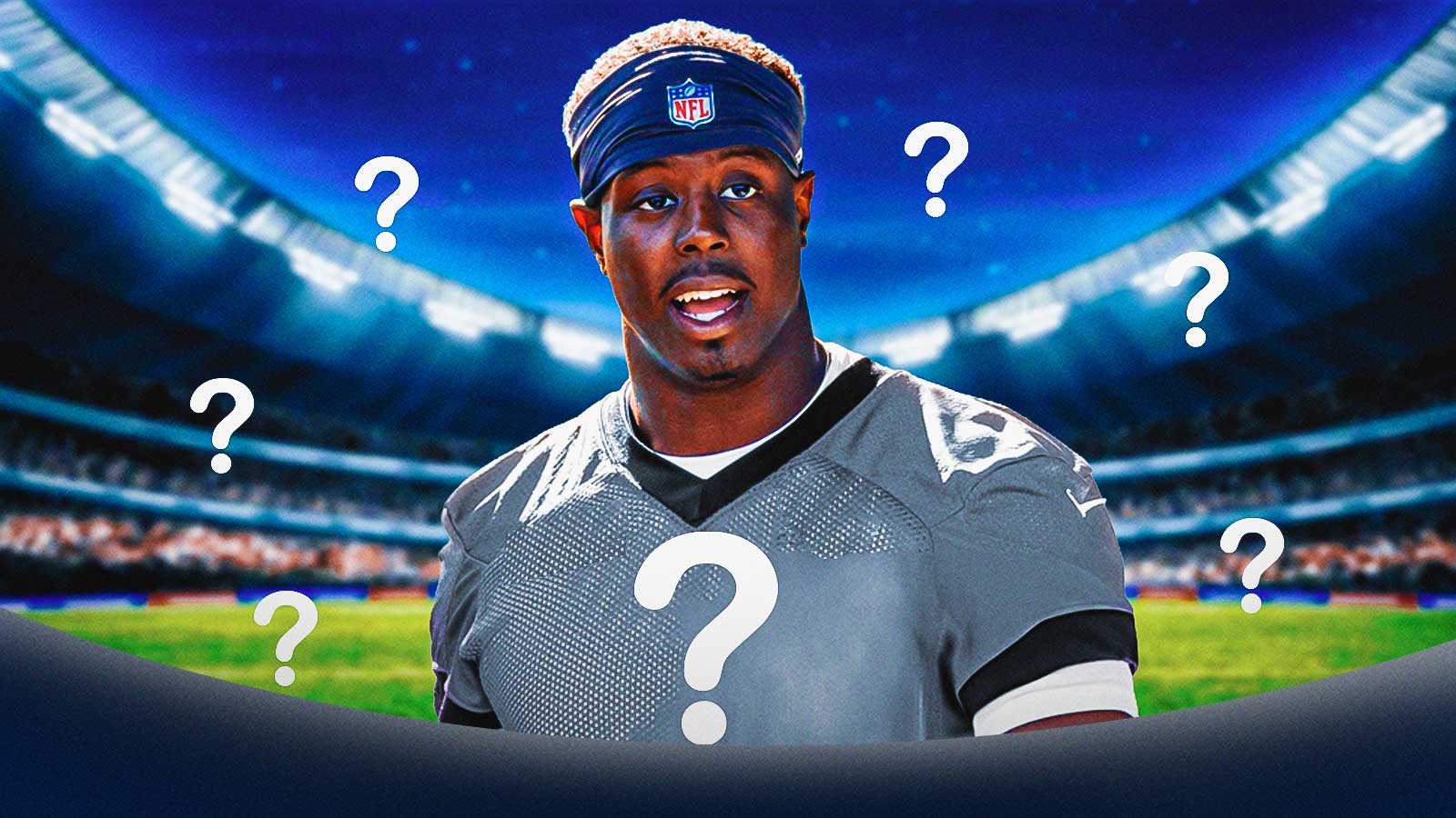 Jacksonville Jaguars RB Travis Etienne Jr. with a blank jersey that has a big question mark in the middle. He is also surrounded by question mark emojis.