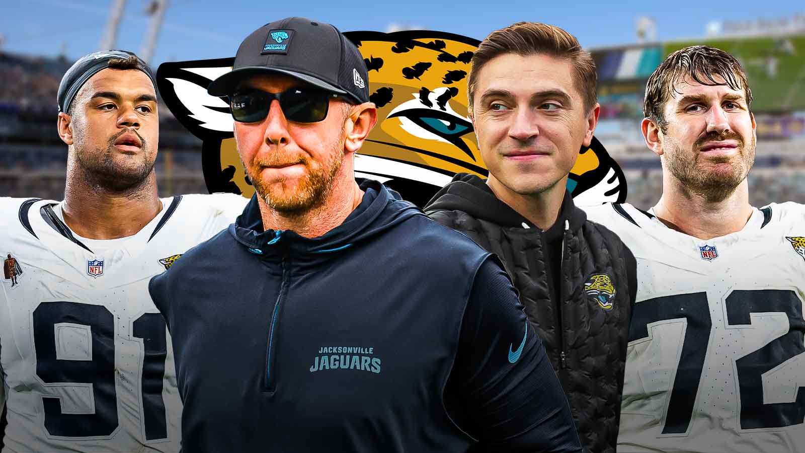 Jaguars HC Liam Coen and Jaguars GM James Gladstone. Jaguars LT Walker Little and Jaguars DT Arik Armstead behind them with Jacksonville Jaguars logo in background