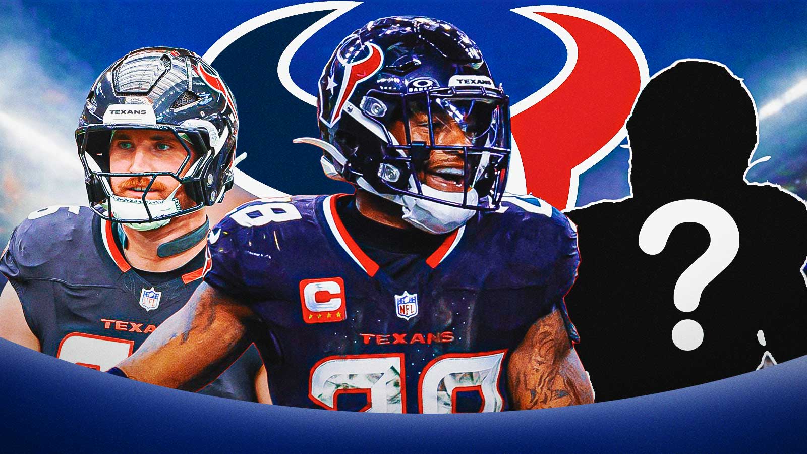 Texans tight end Dalton Schultz with RB Joe Mixon and a silhouette of an American football player with a big question mark emoji inside. There is also a logo for the Houston Texans.