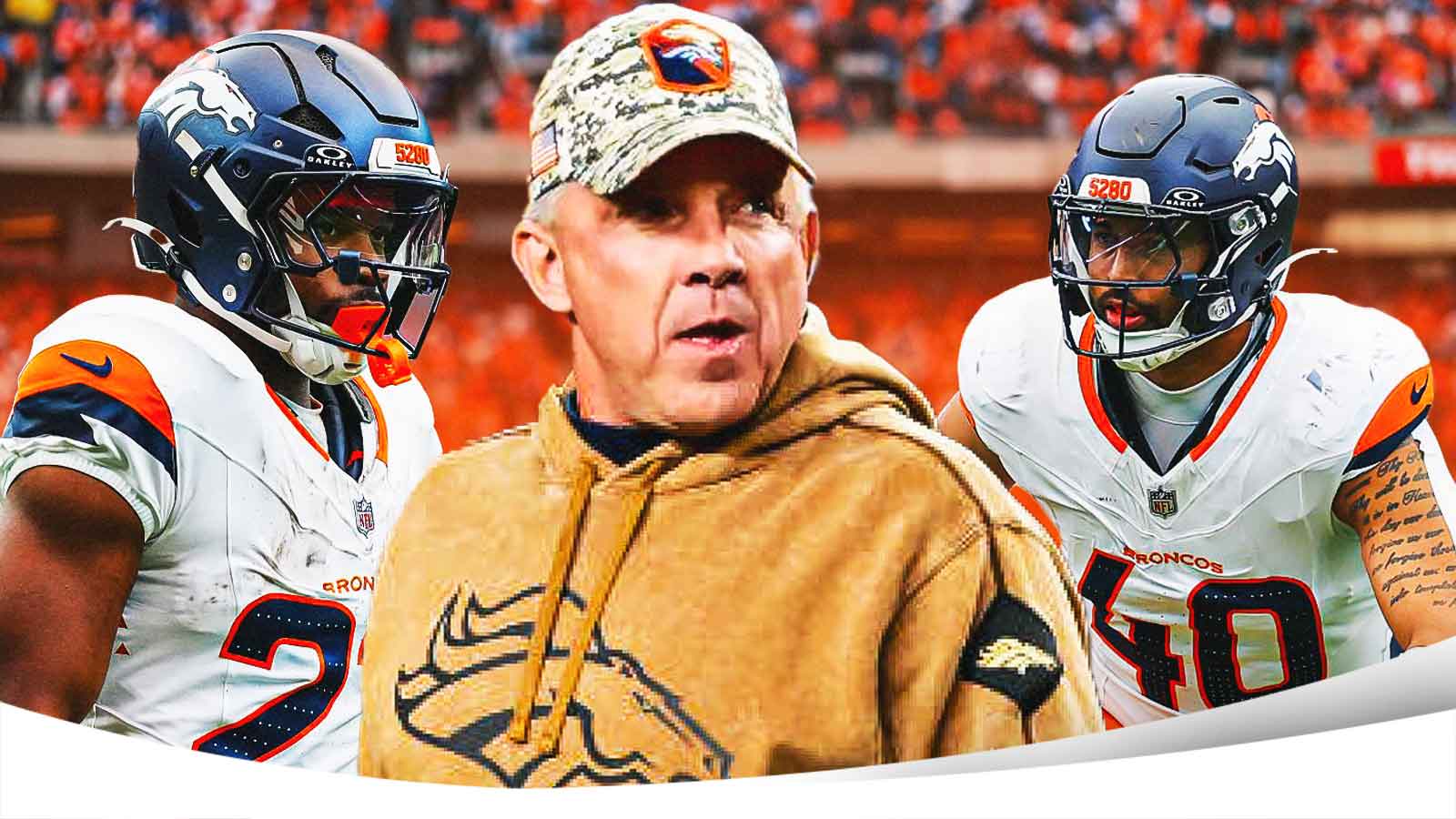 Broncos HC Sean Payton (center) with Broncos RB JK Dobbins and Broncos LB Justin Strnad. Denver Broncos logo behind them