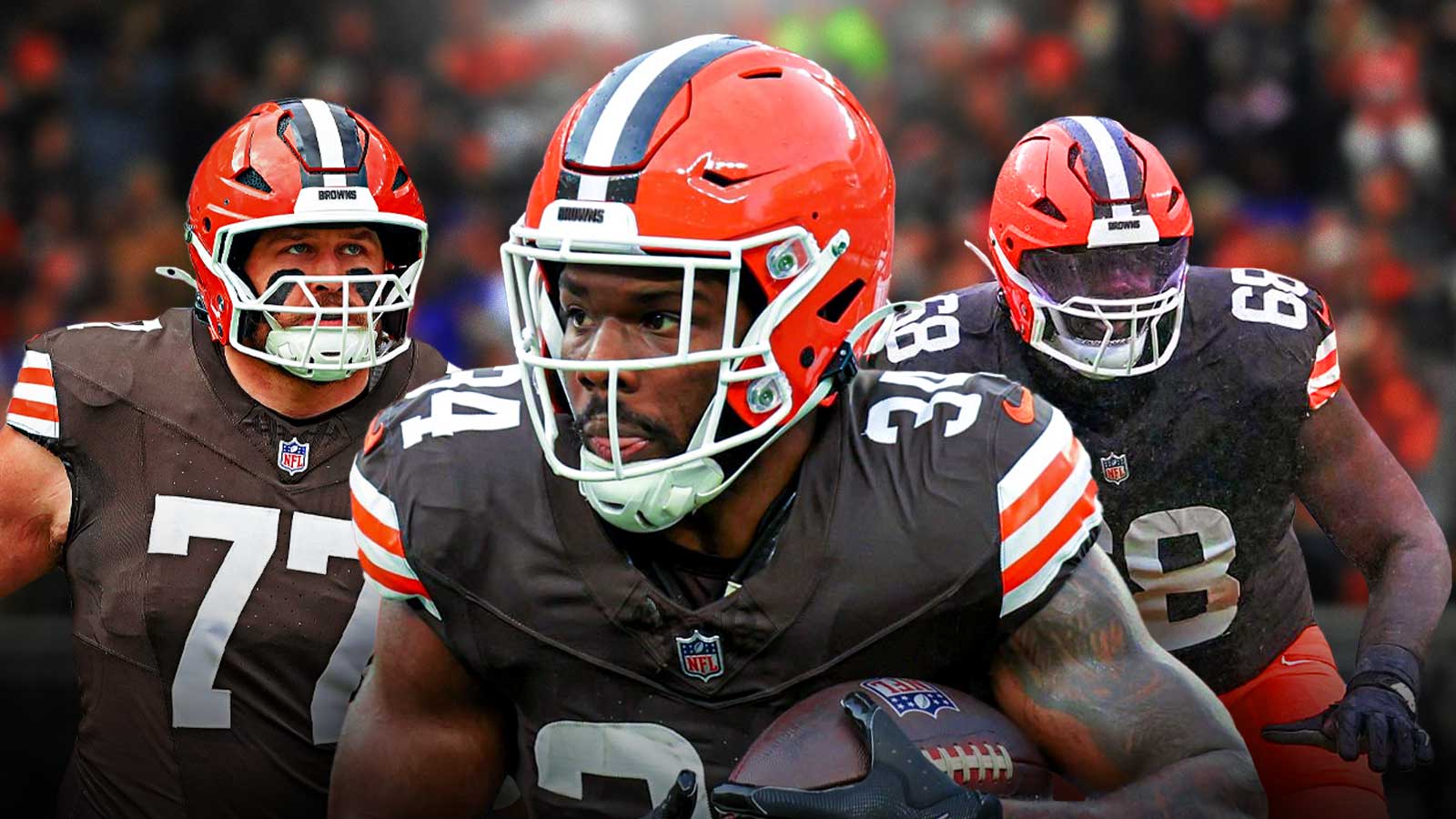 Wyatt Teller, Jerome Ford, Cam Robinson all beside each other - Cleveland Browns wallpaper in the background