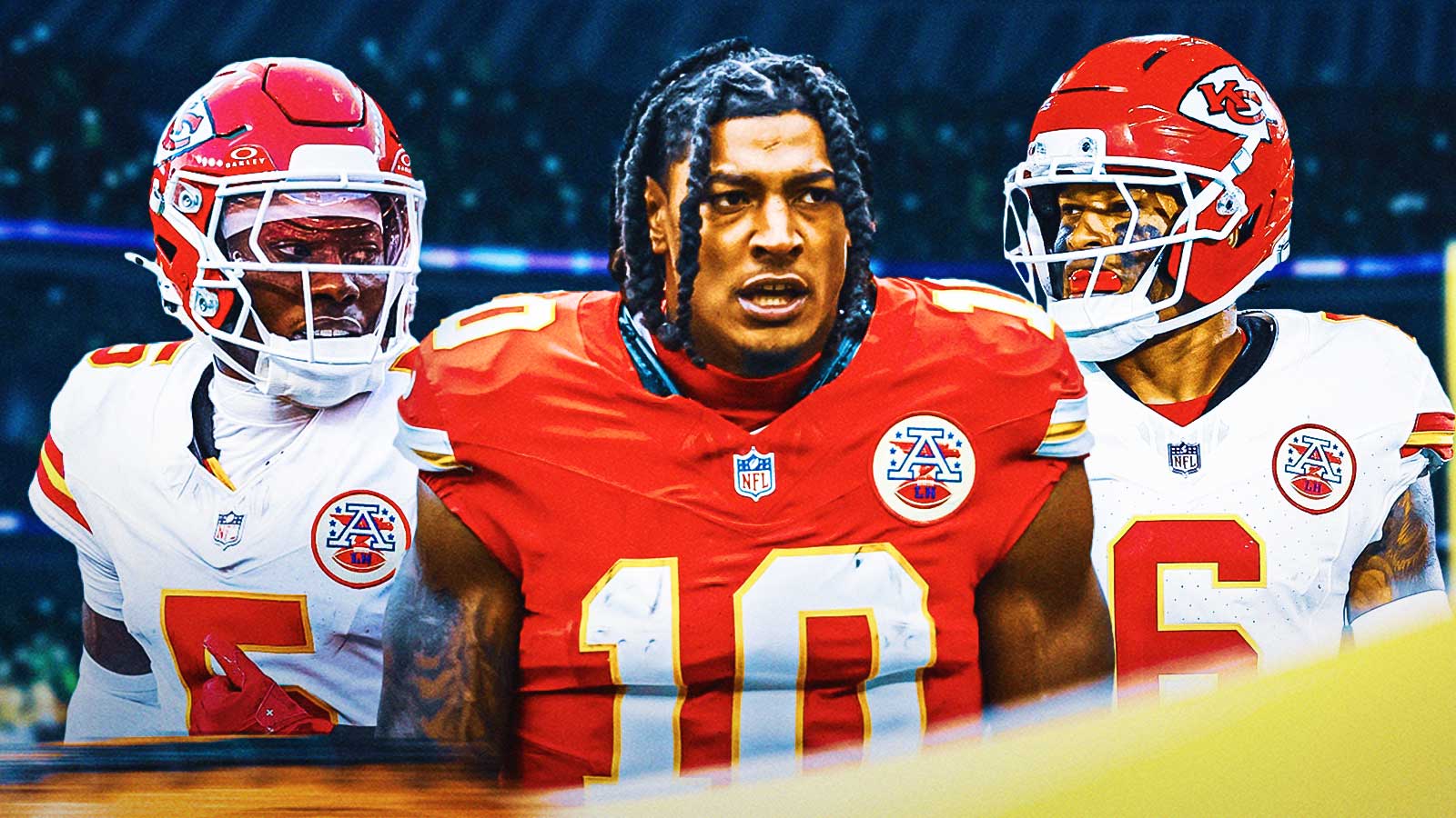 Hollywood Brown, Isiah Pacheco, Bryan Cook all beside each other, Kansas City Chiefs wallpaper in the background