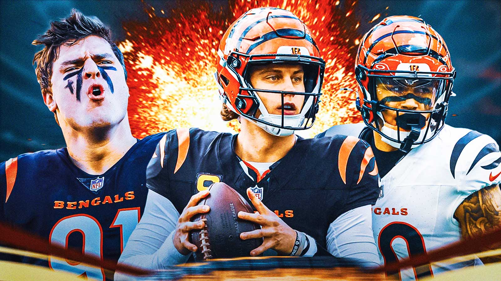 Joe Burrow in the middle, Trey Hendrickson, Andrei Iosivas around him, Explosions in the background
