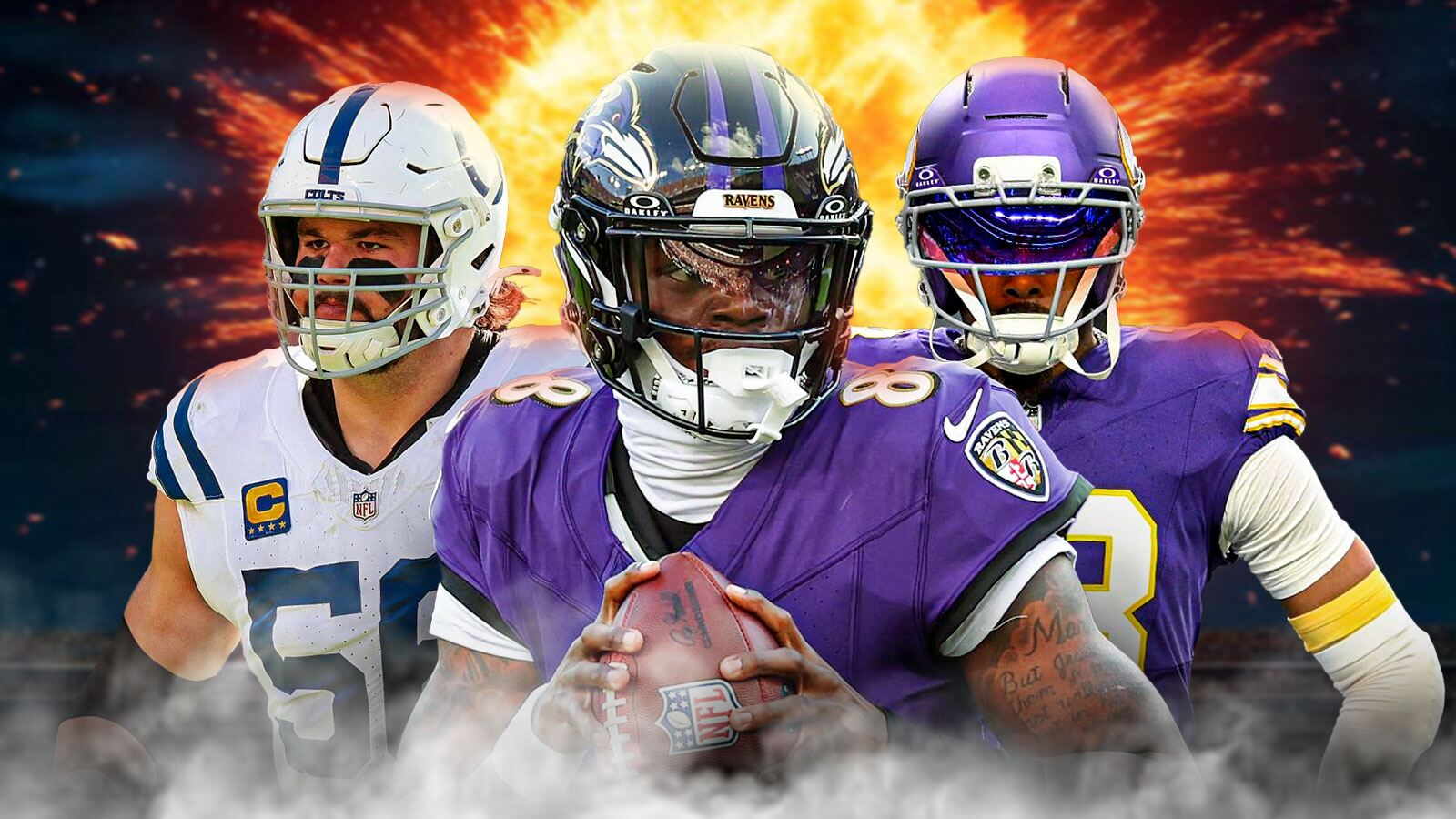 Lamar Jackson in the middle - Justin Jefferson, Quenton Nelson around him - Explosions in the background