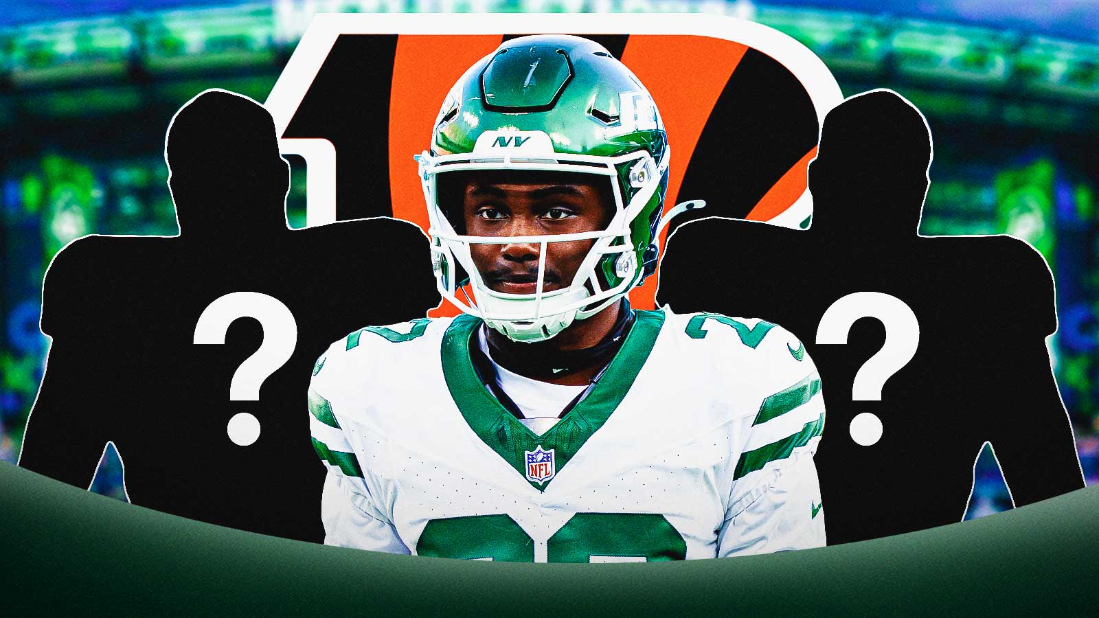 New York Jets safety Tony Adams with two silhouettes of American football players with big question mark emojis inside. There is also a logo for the Cincinnati Bengals.