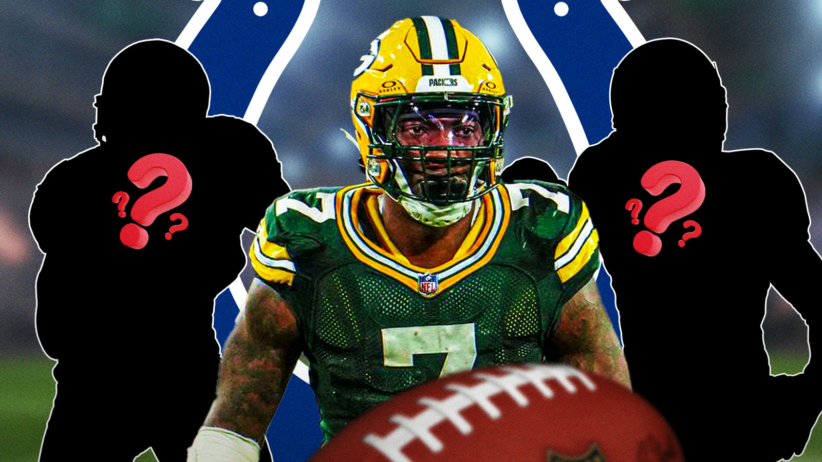 Green Bay Packers linebacker Quay Walker with two silhouettes of American football players with big question mark emojis inside. There is also a logo for the Indianapolis Colts.